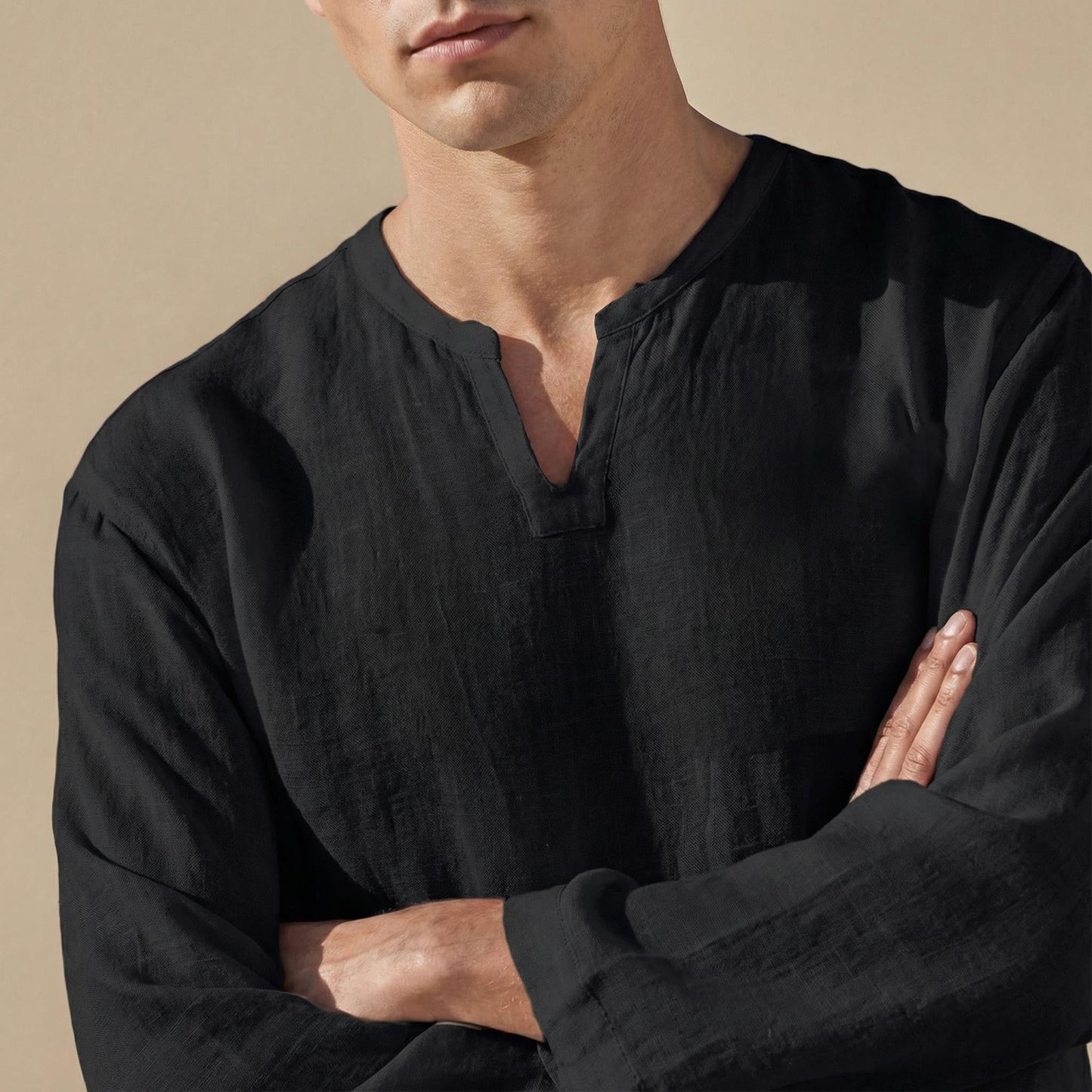 Mens Cotton Linen V-Neck Shirt | Lightweight Pullover Top